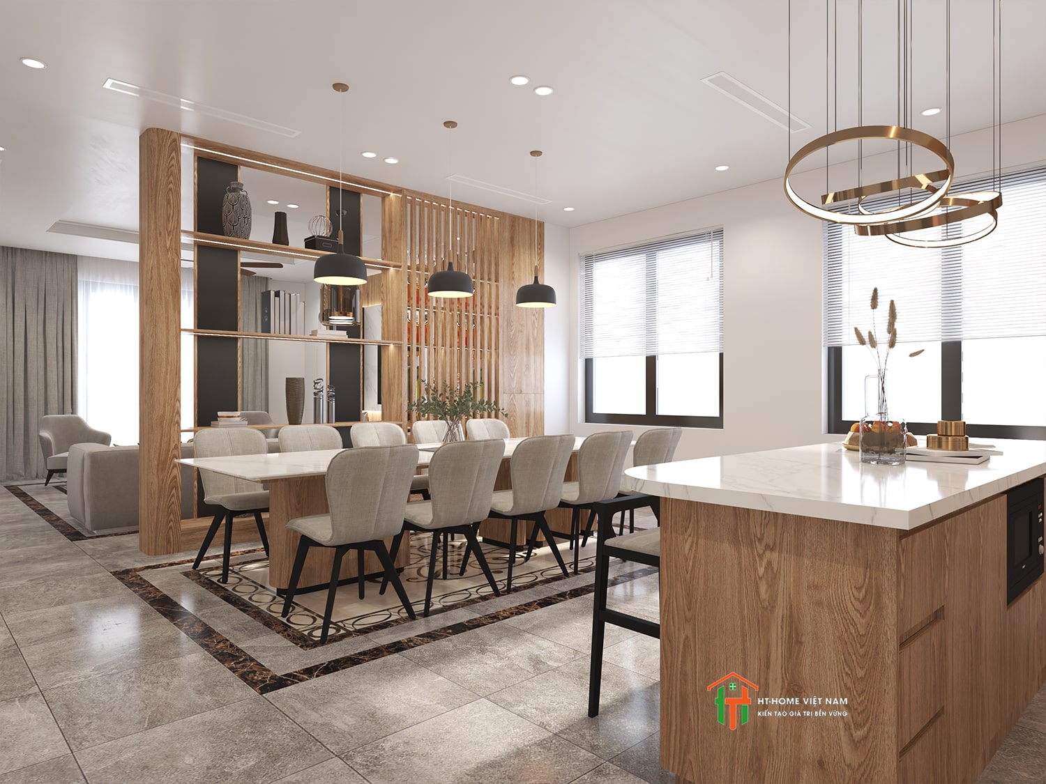 Nội Thất Nhà Phố Hà Nội Ấn Tượng Với Phòng Khách – Bếp Liên Thông